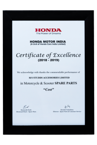 Honda Motor India – Certificate of Excellence – Spare Parts – Cost